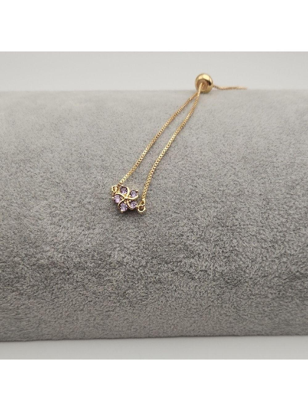 18K Gold Plated Floral Bolo Bracelet with Light Purple Zircon Accents